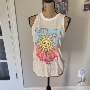 Spiritual Gangster Cream Tank with Sunny Retro Graphic in Blue, Pink & Yellow